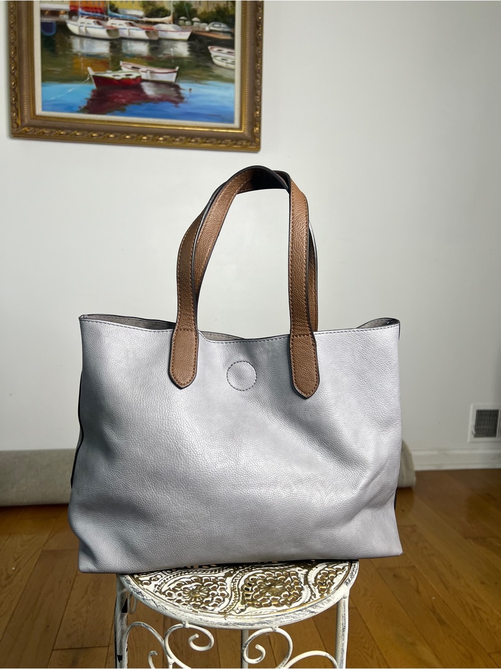 Sleek Silver Tote with Brown Handles